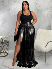 SC Plus Size Solid Color Press Pleated Split Long Skirts NNWF-6086
