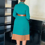 SC Plus Size Color Block Press Pleated Midi Dress GCZF-8649