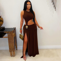 SC Sleeveless Pleated Hollowo Out Split Maxi Dress GZIY-6352