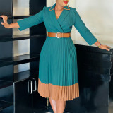 SC Plus Size Color Block Press Pleated Midi Dress GCZF-8649