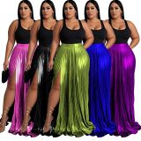 SC Plus Size Solid Color Press Pleated Split Long Skirts NNWF-6086