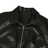 SC Lapel Zipper Loose Leather Jacket And Shorts Set AIL-339