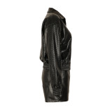 SC Lapel Zipper Loose Leather Jacket And Shorts Set AIL-339
