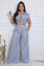 SC Stripe Sleeveless Shirt Two Piece Pants Set XHXF-8730