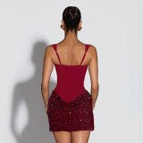 SC Solid Color Sling Sequin Patchwork Mini Dress GDSF-D25DS552