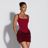 SC Solid Color Sling Sequin Patchwork Mini Dress GDSF-D25DS552