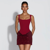 SC Solid Color Sling Sequin Patchwork Mini Dress GDSF-D25DS552