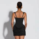 SC Solid Color Sling Sequin Patchwork Mini Dress GDSF-D25DS552
