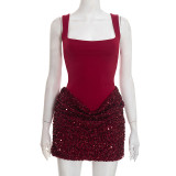 SC Solid Color Sling Sequin Patchwork Mini Dress GDSF-D25DS552