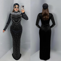 SC Velour Hot Drill Long Sleeve Maxi Dress BY-7617