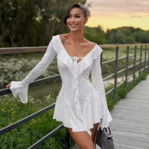 SC Solid Color Flare Sleeve Tie Up Mini Dress GAXB-W443DS