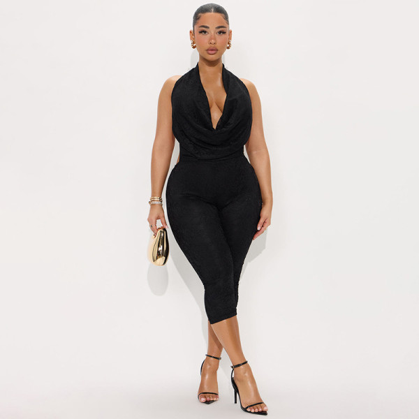 SC Lace Halterneck Backless Seven-Tenths Jumpsuit GDSF-D25JP174