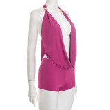 SC Solid Color Halterneck Tie Up Top Two Piece Shorts Set GDSF-D25ST560