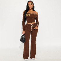 SC Off Shoulder Letter Print Tops Two Piece Pants Set SHD-9593
