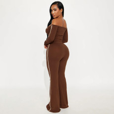 SC Off Shoulder Letter Print Tops Two Piece Pants Set SHD-9593