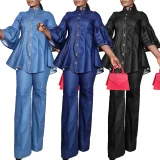 SC Plus Size Solid-Color Denim High-Neck Button Straight Pants Set BGN-BN316