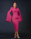 SC Plus Size Solid Color Wide-Sleeve V-Neck Midi Dress BGN-BN346