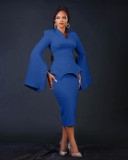 SC Plus Size Solid Color Wide-Sleeve V-Neck Midi Dress BGN-BN346