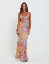 SC Mesh Print Slim Sling Maxi Dress GWLS-202406
