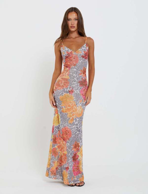 SC Mesh Print Slim Sling Maxi Dress GWLS-202406