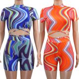 SC Short Sleeve Print Tie Up Two Piece Shorts Set GWLS-LD201067