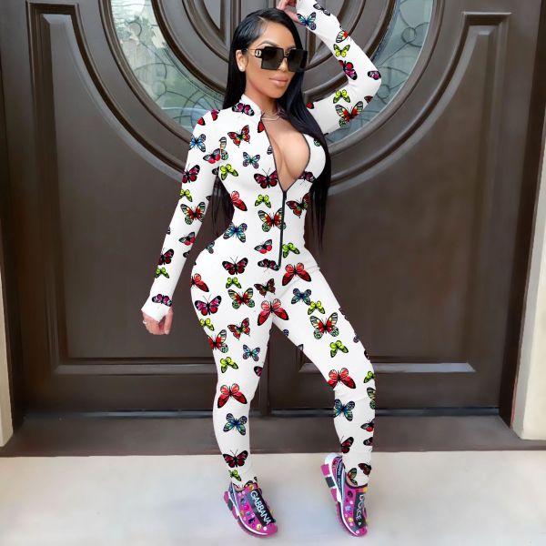 SC Butterfly Print Zipper Long Sleeve Jumpsuit GWLS-LD201031