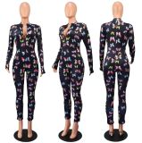 SC Butterfly Print Zipper Long Sleeve Jumpsuit GWLS-LD201031