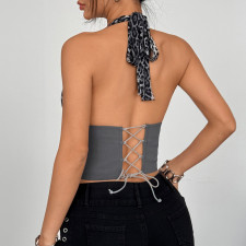 SC Leopard Patchwork Deep V Neck Halterneck Tank Top GOMN-71047