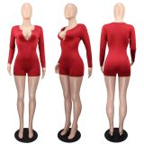 SC V Neck Solid Color Long Sleeve Romper GWLS-LD201019