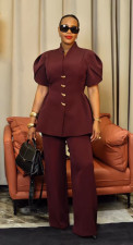 SC Plus Size Flower-bud Sleeve Buttons Two-piece Pants Set NY-11215