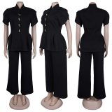 SC Plus Size Flower-bud Sleeve Buttons Two-piece Pants Set NY-11215