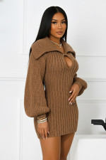 SC Solid Color Big Lapel Lantern Sleeve Sweater Mini Dress NY-MY110
