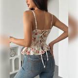 SC Floral Print Irregular Ruffled Backless Bustier Tank Tops GOMN-71027