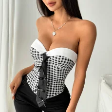 SC Plaid Contrast Color Necktie Wrap Tank Top GOMN-71079