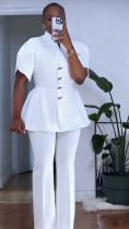 SC Plus Size Flower-bud Sleeve Buttons Two-piece Pants Set NY-11215