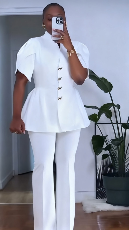 SC Plus Size Flower-bud Sleeve Buttons Two-piece Pants Set NY-11215