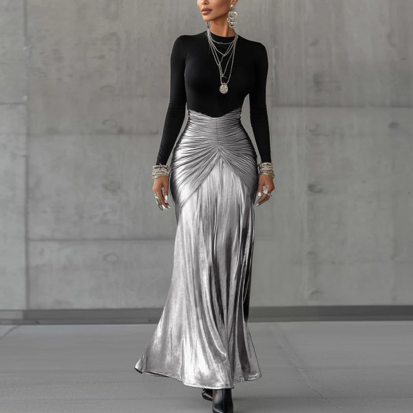 SC Long Sleeve Patchwork Ruched Maxi Dress XEF-K25D87724