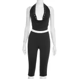 SC Solid Color Hollow Out Tops Seven-Tenths Pants Suit GDSF-J25ST484