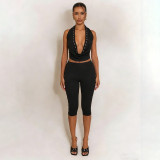 SC Solid Color Hollow Out Tops Seven-Tenths Pants Suit GDSF-J25ST484
