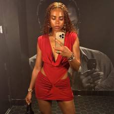 SC Deep V Neck Hollow Out Mini Dress GDSF-Y25DS557