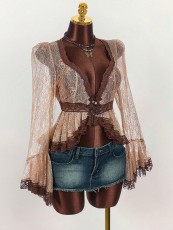 SC Lace Patchwork See Through Flare Sleeve Top GXIY-K25L1664