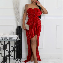 SC Plus Size Sexy Sequin Solid Color Tube Top Evening Dress GCZF-8651
