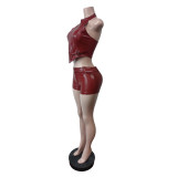 SC PU Leather Halterneck Zipper Two Piece Shorts Set MEM-88679