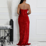 SC Plus Size Sexy Sequin Solid Color Tube Top Evening Dress GCZF-8651