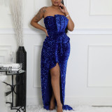 SC Plus Size Sexy Sequin Solid Color Tube Top Evening Dress GCZF-8651