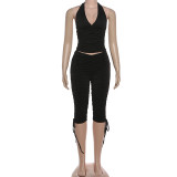 SC Deep V Neck Drawstring Pleated Tank Top Seven-Tenths Pants Suit GSLF-K25S86622