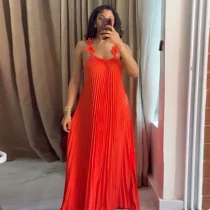 SC Solid Color Backless Press Pleated Maxi Dress GMSF-9439