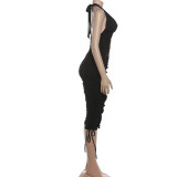 SC Deep V Neck Drawstring Pleated Tank Top Seven-Tenths Pants Suit GSLF-K25S86622