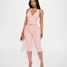 SC Deep V Neck Drawstring Pleated Tank Top Seven-Tenths Pants Suit GSLF-K25S86622