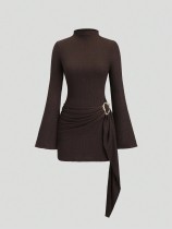 SC Solid Color High Collar Flare Sleeve Mini Dress GXIY-K25L1627